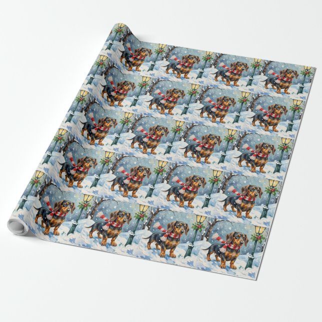 Cute Dachshund Puppy Cozy Winter Scarf Art Geschenkpapier (Ungerollt)