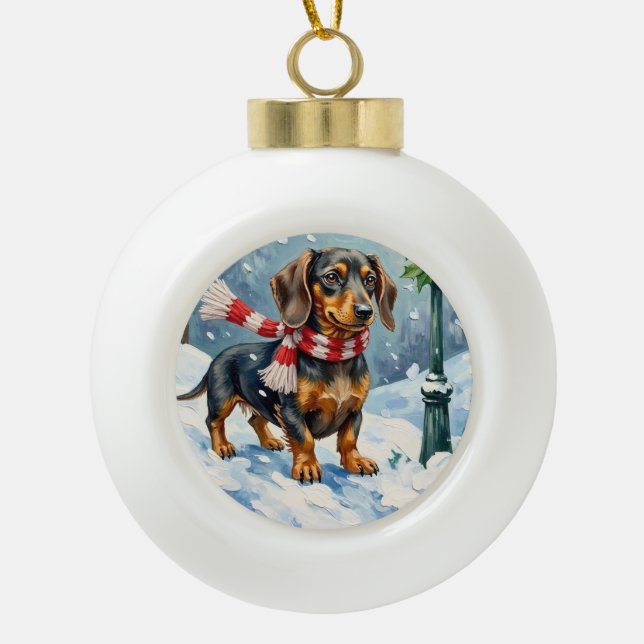 Cute Dachshund Puppy Cozy Winter Scarf Art Keramik Kugel-Ornament (Vorderseite)