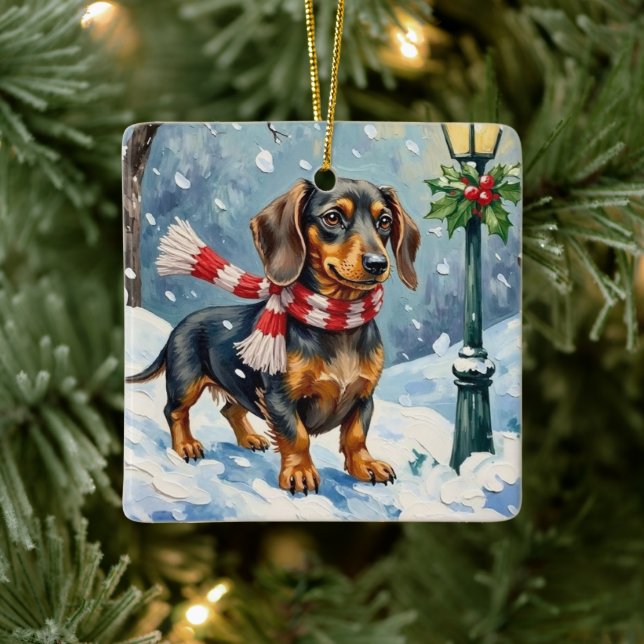 Cute Dachshund Puppy Cozy Winter Scarf Art Keramikornament (Baum)