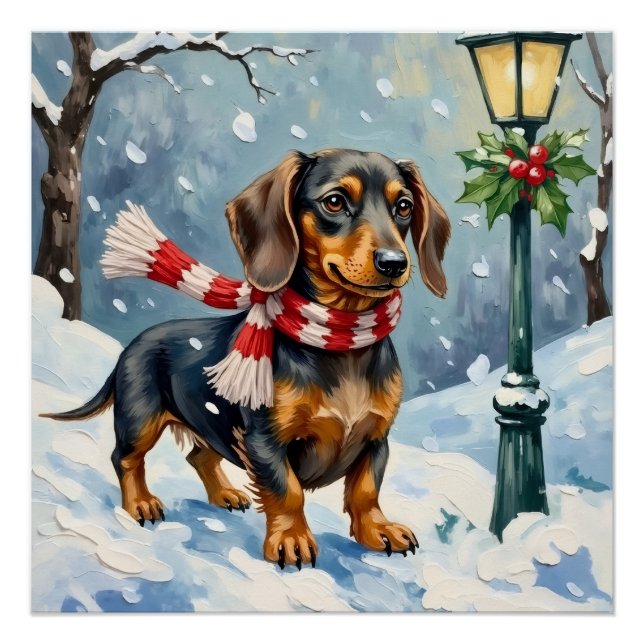 Cute Dachshund Puppy Cozy Winter Scarf Art Poster (Vorderseite)