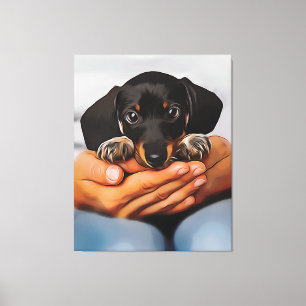 Cute Dachshund Puppy Lying On Human Knees Xmas Pos Leinwanddruck