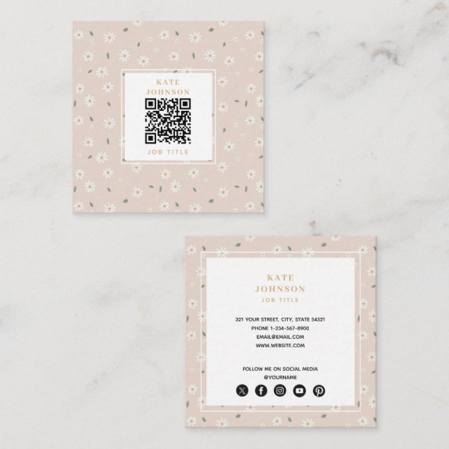 Cute Daisy Floral Blossoms & Greenery Florist Quadratische Visitenkarte (Vorne/Hinten)