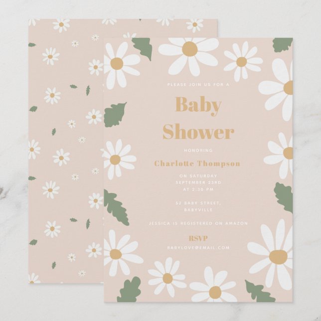 Cute Daisy Flower Baby Shower Girl Pink Einladung (Vorne/Hinten)