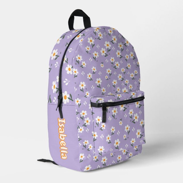 Cute Daisy Flower Pattern Purple School Bedruckter Rucksack (Rückseitige Ecke links)