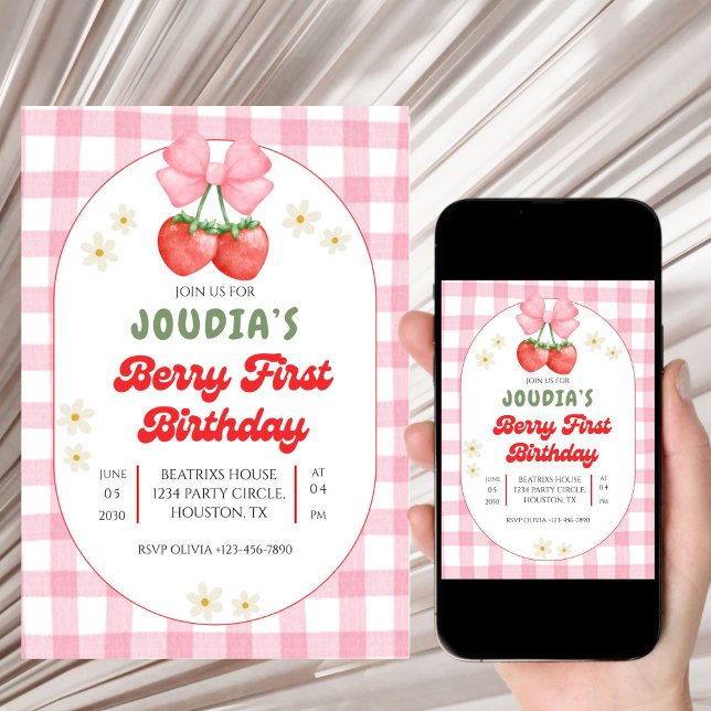 Cute Daisy Strawberries, Berry First Birthday  Einladung (Von Creator hochgeladen)