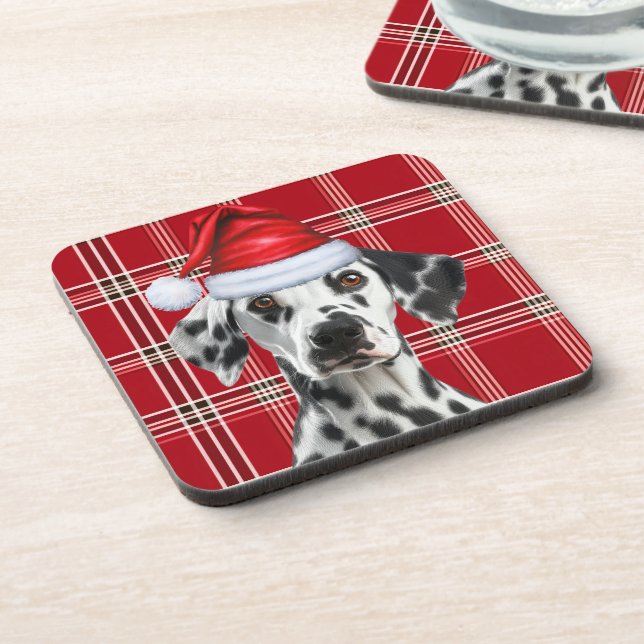 Cute Dalmatian Santa Dog Red Holiday Plaid Getränkeuntersetzer (Linke Seite)