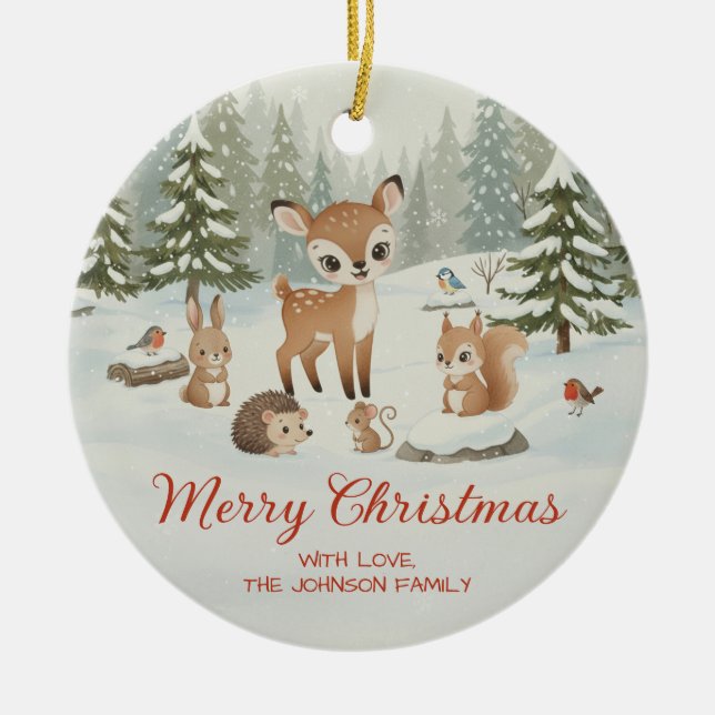 Cute Deer and Woodland Animals Merry Christmas Keramik Ornament (Vorne)
