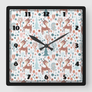 Cute Deer in Whimsical Forest Pattern Quadratische Wanduhr