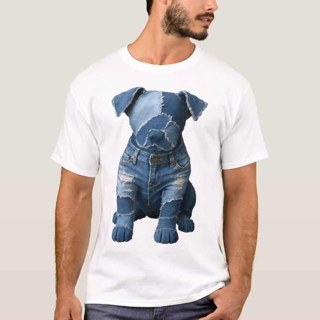Cute Denim Patchwork Art Dog T-Shirt (Vorderseite)