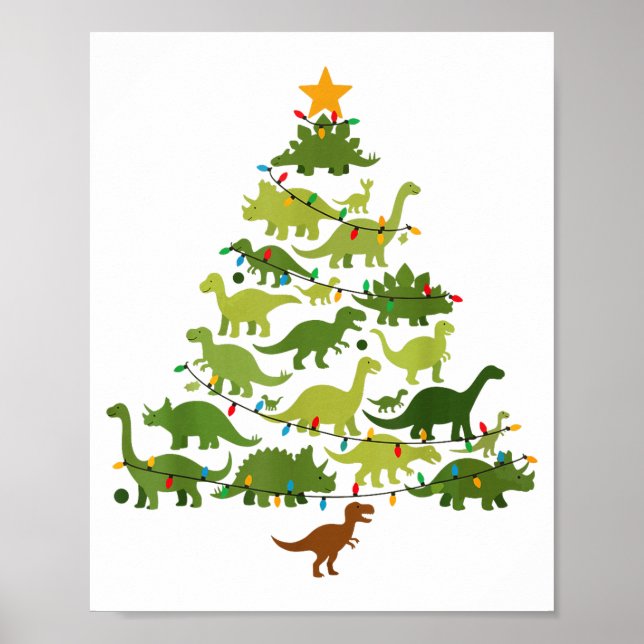 Cute Dino Christmas Tree Merry Dinomas Xmas Lights Poster (Vorne)