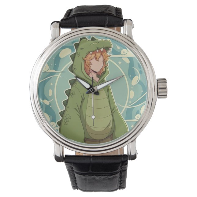 Cute Dino Friend Anime Boy - Green Dinosaur Armbanduhr (Vorderseite)