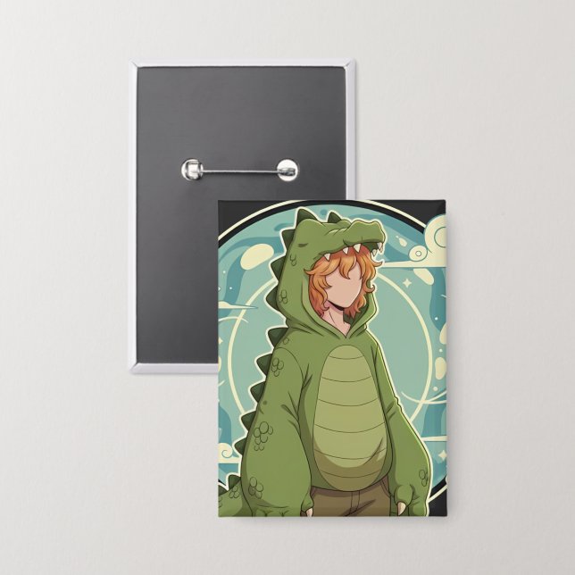 Cute Dino Friend Anime Boy - Green Dinosaur Button (Vorderseite/Rückseite)