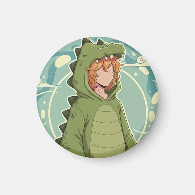 Cute Dino Friend Anime Boy - Green Dinosaur Magnet (Vorne)