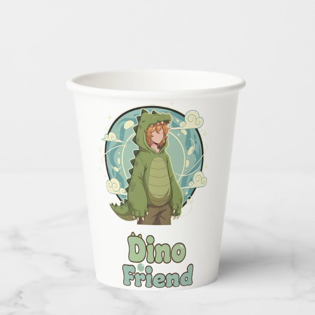 Cute Dino Friend Anime Boy - Green Dinosaur Pappbecher (Vorderseite)