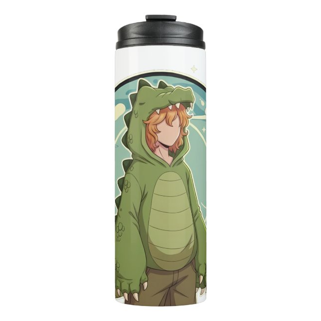 Cute Dino Friend Anime Boy - Green Dinosaur Thermosbecher (Vorderseite)