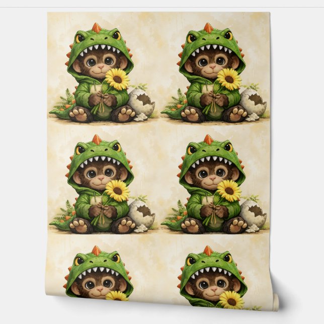 Cute Dino Monkey Pattern Wallpaper Kawaii Tapete (Abrollen)