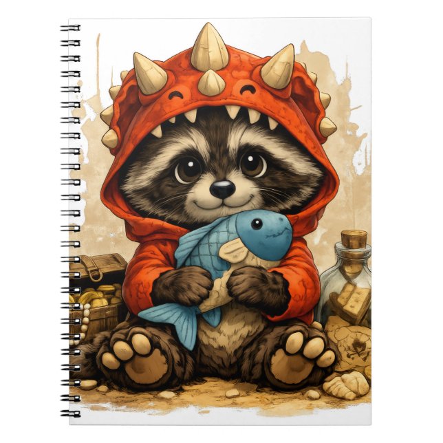 Cute Dino Raccoon Notebook – Kawaii Pirate Notizblock (Vorderseite)