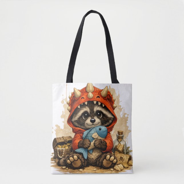 Cute Dino Raccoon Tote Bag – Kawaii Animal (Vorderseite)