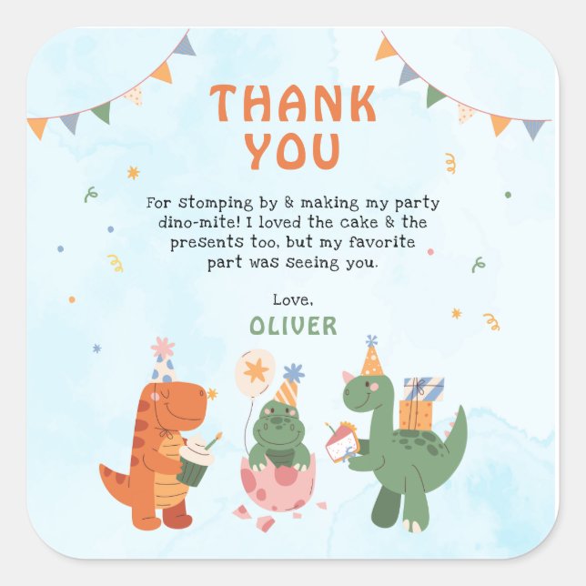 cute dinosaur 4th Birthday Thank You Cards Quadratischer Aufkleber (Vorderseite)