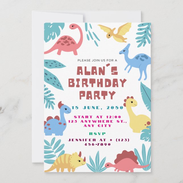 Cute Dinosaur Birthday Invitation Einladung (Vorderseite)