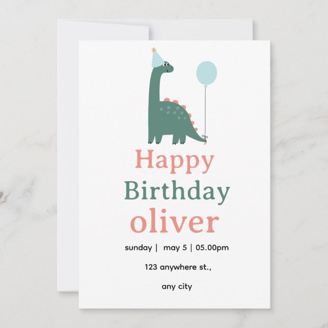 Cute Dinosaur Birthday Invitation for Kids, Einladung (Vorderseite)