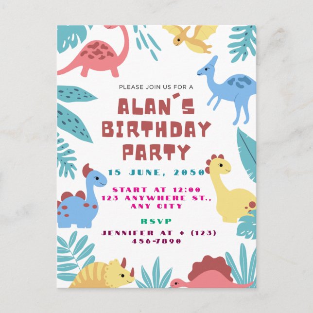 Cute Dinosaur Birthday Invitation Postkarte (Vorderseite)