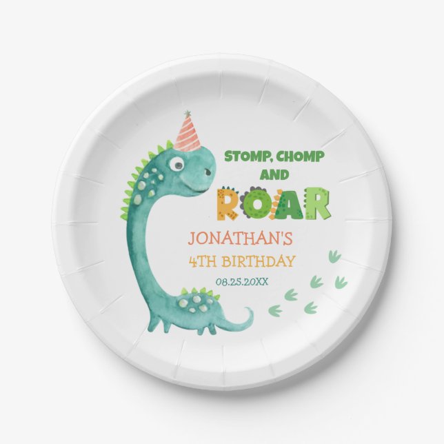 Cute Dinosaur Stomp Chomp Roar Birthday Pappteller (Vorderseite)