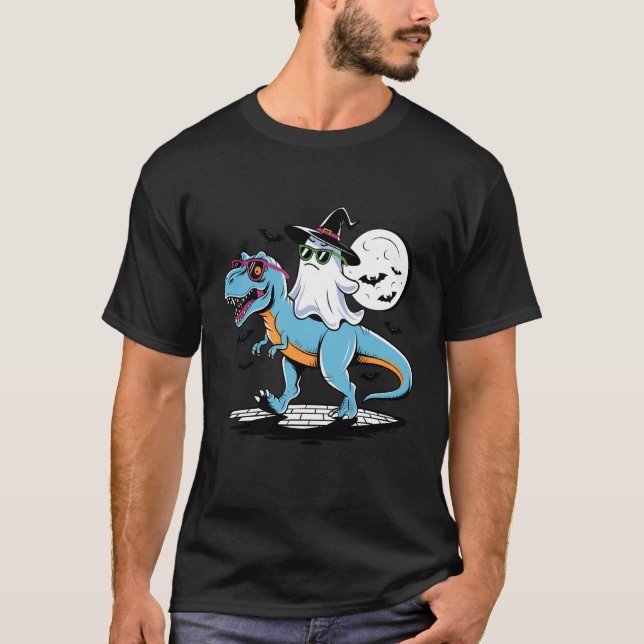 Cute Dinosaur T rex and Ghost for Halloween T-Shirt (Vorderseite)
