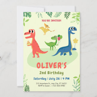 Cute dinosaur t-rex kids 2nd Birthday Invitation   Einladung