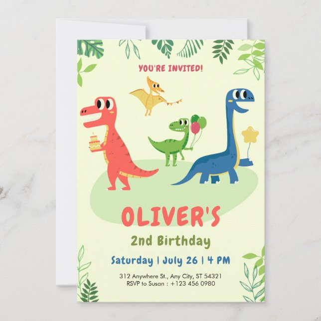 Cute dinosaur t-rex kids 2nd Birthday Invitation   Einladung (Vorderseite)