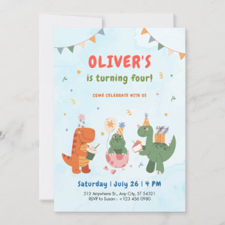cute dinosaur t-rex kids 4th Birthday Invitation   Einladung
