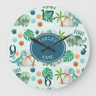 Cute Dinosaur T Rex Pattern Jurassic Kids Room Große Wanduhr
