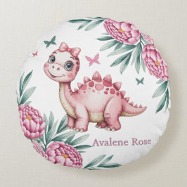 Cute Dinosaur with Butterflies Baby Shower Gift Rundes Kissen