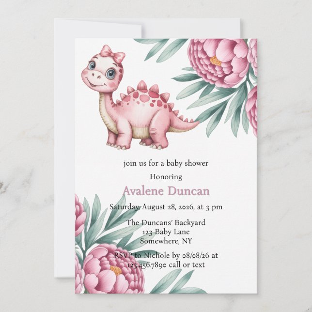 Cute Dinosaur with Pink Peony Girl Baby Shower Einladung (Vorderseite)