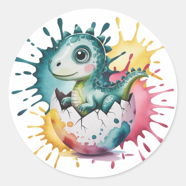 Cute Dinosaur with Watercolor Splash Baby Shower Runder Aufkleber (Vorderseite)