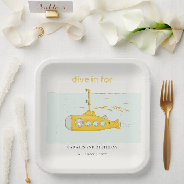 Cute Dive In Underwater Submarine Yellow Birthday Pappteller (Hochzeit)