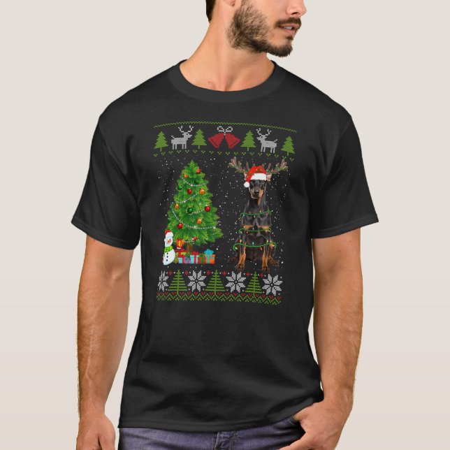 Cute Doberman Dog Santa Hat Ugly Sweater Xmas Ligh T-Shirt (Vorderseite)