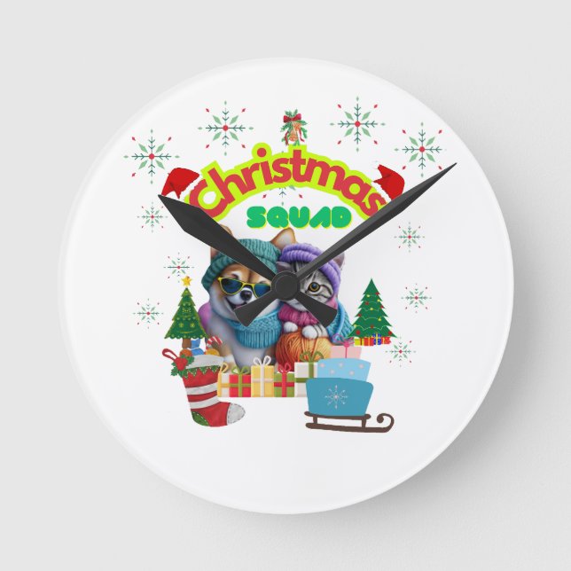 Cute dog and cat Christmas squad design  Runde Wanduhr (Vorderseite)