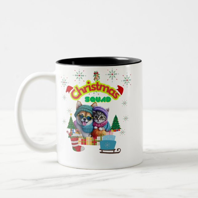 Cute dog and cat Christmas squad design  Zweifarbige Tasse (Links)