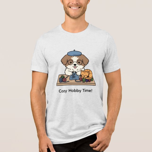 Cute Dog and Cat Knitting Together Graphic Design Tri-Blend Shirt (Vorderseite)