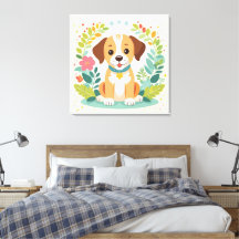 Cute Dog And Colorful Flowers Kids