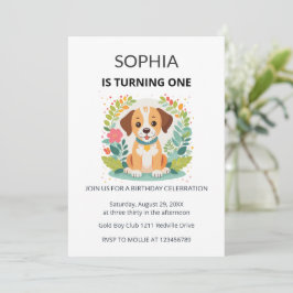 Cute Dog Floral Kids First Birthday  Einladung