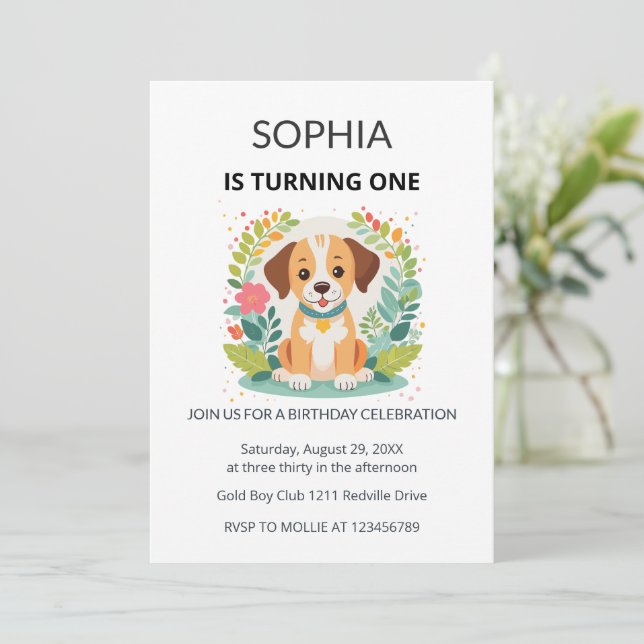 Cute Dog Floral Kids First Birthday  Einladung (Stehend Vorderseite)