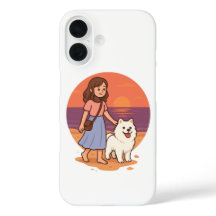 Cute Dog Mom Walking Fluffy Pup on Sunset Beach