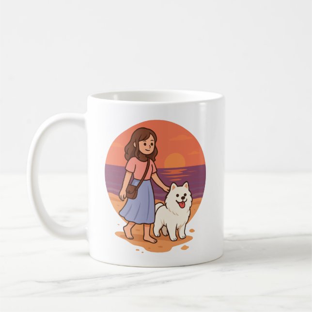 Cute Dog Mom Walking Fluffy Pup on Sunset Beach  Kaffeetasse (Links)