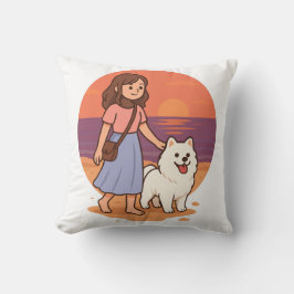 Cute Dog Mom Walking Fluffy Pup on Sunset Beach  Kissen