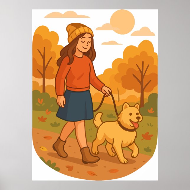 Cute Dog Mom Walking Pup in Cozy Forest  Poster (Vorne)