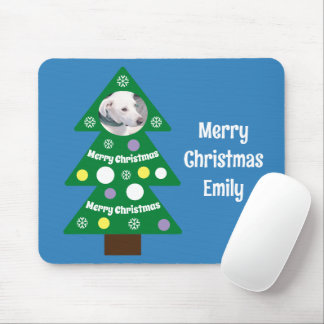 Cute Dog Photo in Colorful Christmas Tree Blue Mousepad