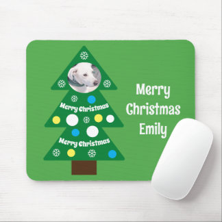 Cute Dog Photo in Colorful Christmas Tree Green Mousepad