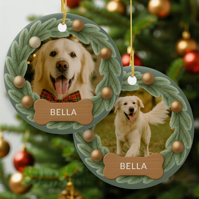 Cute Dog Photo Wreath Holiday Christmas Keramik Ornament (Von Creator hochgeladen)